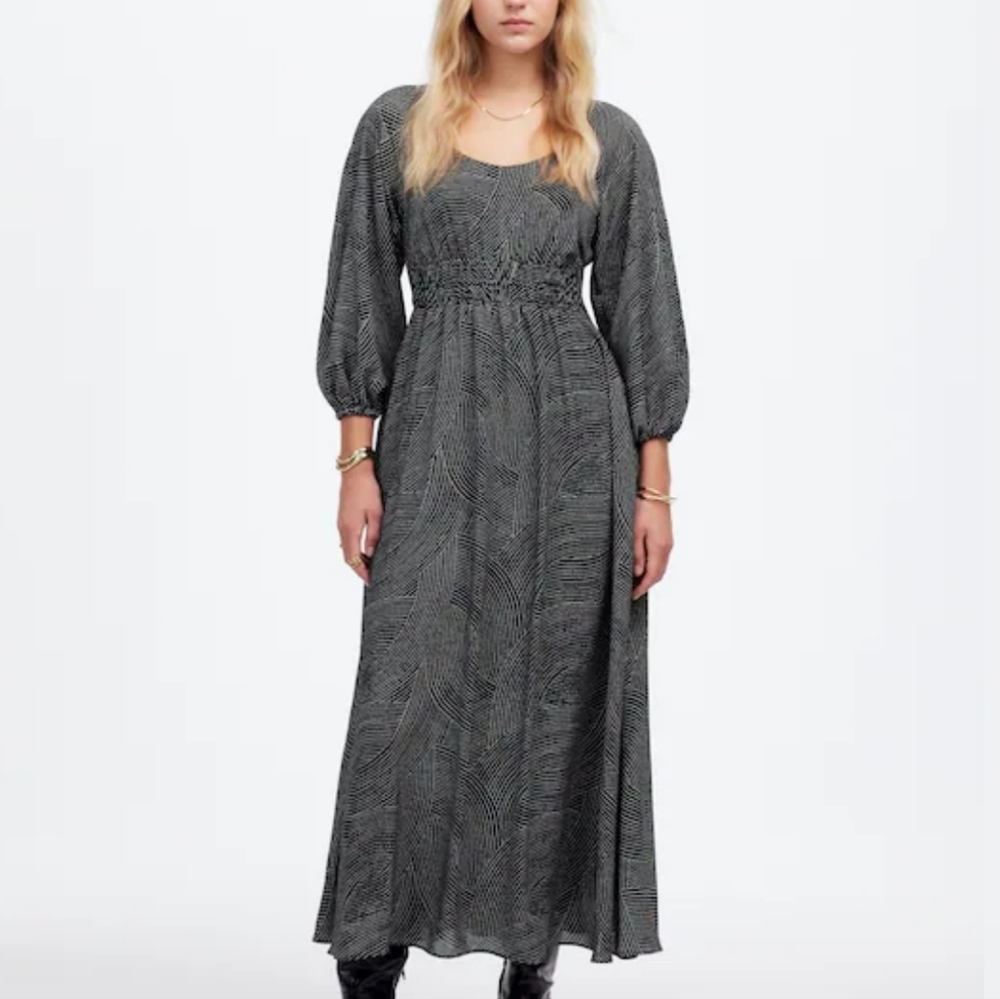 NWT Madewell Balloon-Sleeve Ruched Midi Dress in Dot